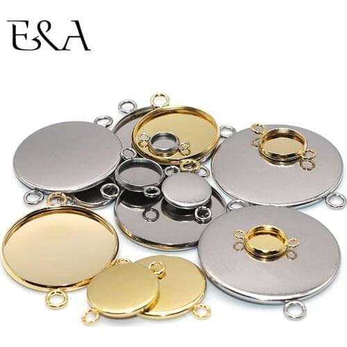 Stainless Steel Connector Settings Flat Round Link 1/1 Double Loop Cabochon Base Gem Cameo Bezel 6-25mm Jewelry Making Supplies