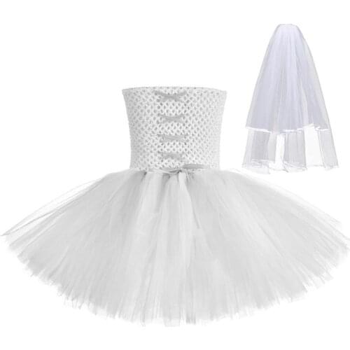 Girls White Ghost Bride Costume Kid Halloween Evil Corpse Bride Dress Up Clothes with Bride Veil Childre Holiday Photo Props