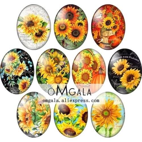 Beautiful Yellow Sunflowers Oil Painting Patterns 13x18mm/18x25mm/30x40mm Oval photo glass cabochon flat back Making findings