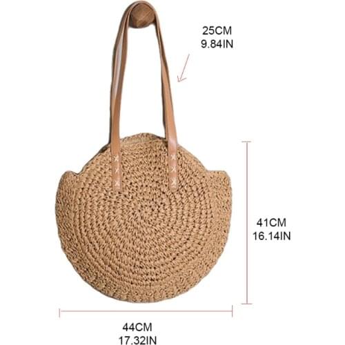 066F Round Straw Beach Bag Vintage Woven Shoulder Bags Rattan Bohemian Summer Vacation