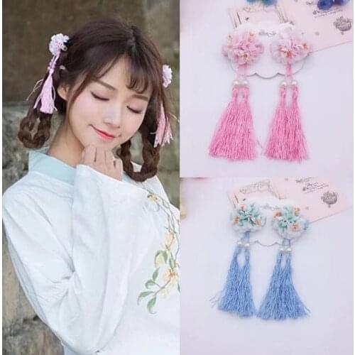 A pair of Chinese-style fringed ribbons, childrens hairpins, flower headdresses, Tang suits, Hanfu accessories, headdresses