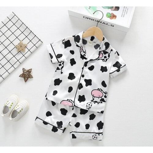 Summer Children Cartoon Short Sleeve+Shorts 2pc Satin Silk Pajamas Sets Girls Sleepwear Boy Loungewear Leisure Wear Home Clothes