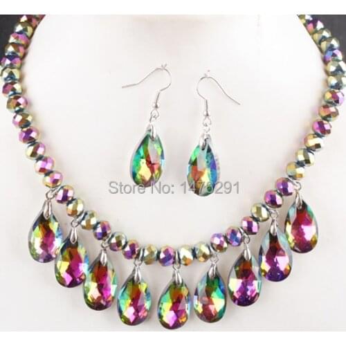 Multi-Color Crystal Glass Teardrop Beads Necklace Earring Extension Chain 1 SET