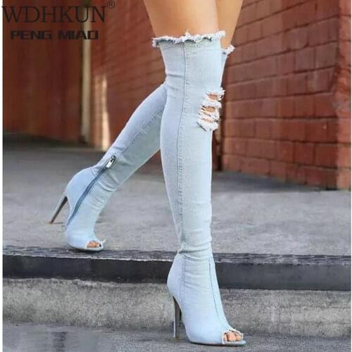Fashion Autumn Women High Heels Thigh High Boots Female Shoes Hot Over The Knee Boots Peep Toe Cowboy Boots Denim Shoes 785