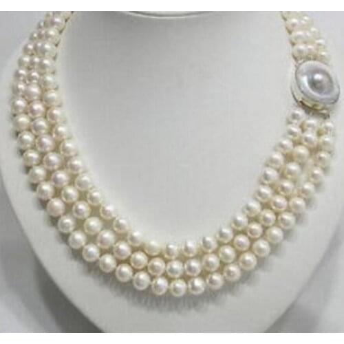 Fashion jewelry lustrous 3row 9-10mm round white pearl necklace blister