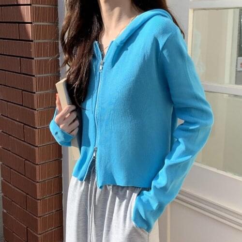 Black Zipper Hooded Korean Style Fashion Cardigan For WomenS Ladies Autumn Winter 2021 Clothing Sweater Tops Blouse Female Coat