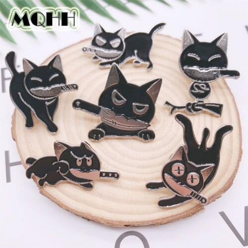 Cartoon Creativity Black Kitten Cat Pocket Knife Various Models Enamel Brooch Clothes Bag Pin Badge Woman Jewelry Gift For Kid