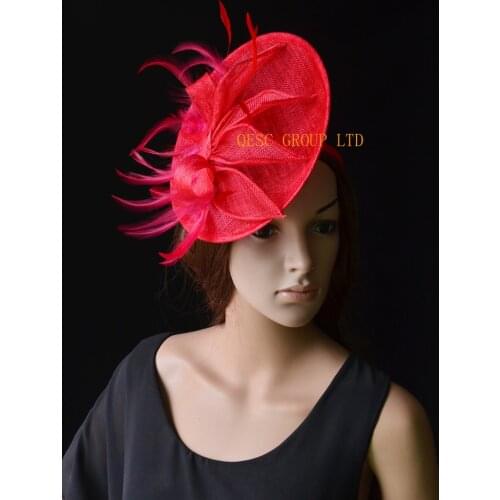 NEW Red Big sinamay fascinator wedding hat with sinamay loops&feathers&handmade flowers for Royal Races Kentucky derby
