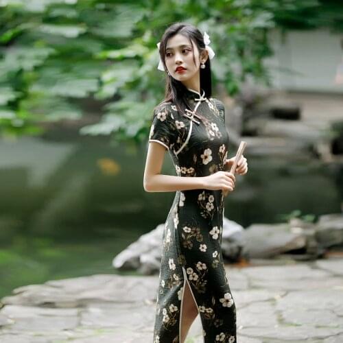 2021Chinese Style Dress for Women Flower Printed Traditional Cheongsam Girls' Summer Retro Cotton Hemp Temperament Qipao Skirts