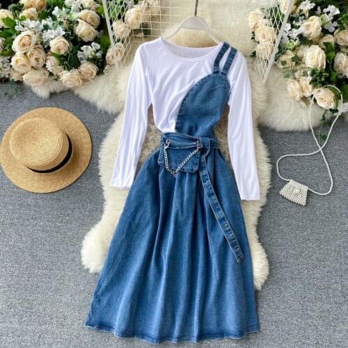Casual Unique Womens Simple White T-shirt and One Shoulder Spaghetti Strap Denim Dress One Set