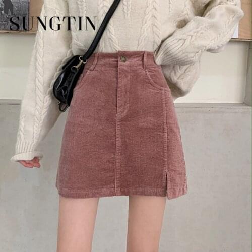 Sungtin Korean Casual Corduroy Mini Skirt Women Split High Waist Vintage Skirt Female Sexy A Line Short Skirt Chic Streetwear