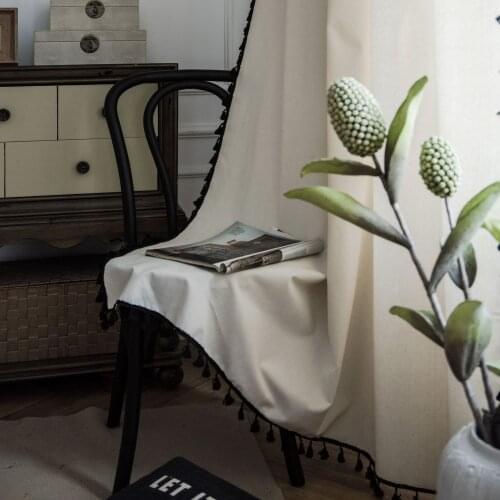 Japanese-style Simple Solid Color Curtain Cotton and Linen with Black Tassels Semi Shade Kitchen Curtain