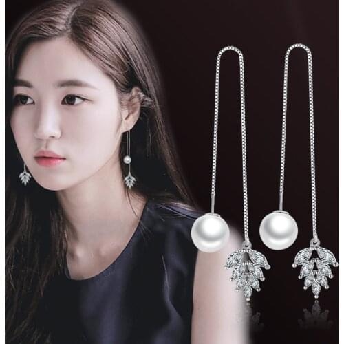 Luxury Sterling Plata Earrings Zircon Ice Leaves Ball Pearl Pendant Long Tassel Ear Line pendientes oorbellen brincos