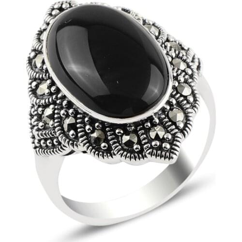 Silver 925 Sterling Onyx & Marcasite Ring