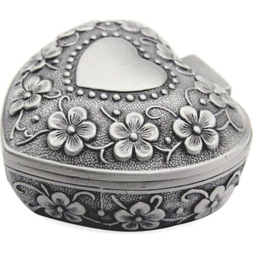 ELEG-Classic Vintage Antique Heart Shape Jewelry Box Ring Small Trinket Storage Organizer Chest Christmas Gift,Silver