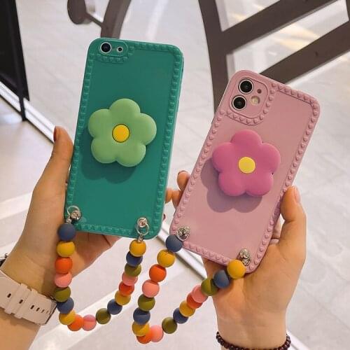Wrist Chain Case for iPhone 12 Pro Max 6 7 8 Plus XR XS Max Silicone Cases Cute Flowers Bracket Chain Hanging Case for iPhone 11
