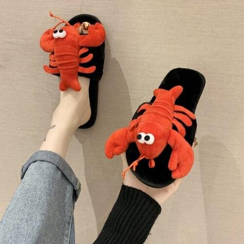 Fur Shoes Ladies Slippers Flock Low Platform Luxury Slides Slipers Women Plush Flat Heel Crayfish Crab Pattern Womens Home Shoe