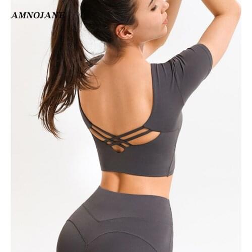Yoga Top Women Gym Short Sleeve Tees Sport Shirt Sports Bra Workout Black Crop Top Finess Open Cross Back Tops Jacket Shirts NEW