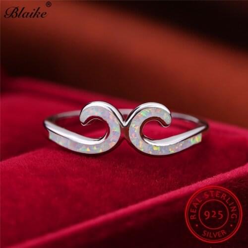 Solid 925 Sterling Silver Rings For Women Blue White Fire Opal Wave Ring Wedding Bands Simple Engagement Ring Bride Fine Jewelry