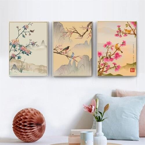 Flower and Bird Chinese Style Vertical Board Decoration Painting Modern Flower and Bird Living Room Tea Room Background Mural