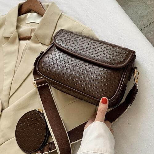 Vintage Womens Bag 2020 Fashion PU Leather Shoulder Bags Female Black Woven Handbags Luxury Crossbody Totes With Purse 2pcs Set