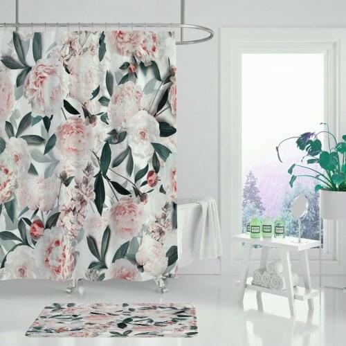 Green Various shapes of branches and green leaves Waterproof ECO-Friendcy Bathroom Shower Curtain and Non-slip Floor Mat Set
