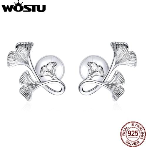 WOSTU Hot Style Real 925 Sterling Silver Ginkgo Leaf Stud Earrings For Women Wedding Small Earrings Fashion Jewelry Gift CTE328