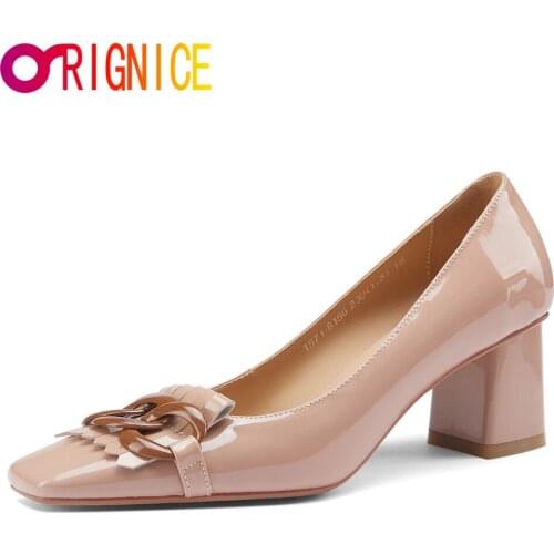 Orignice Spring Genuine Leather Women Tassel Metal Decoration Pumps Fashion Square Toe Thick Heel Shallow Handmade Casual Shoes