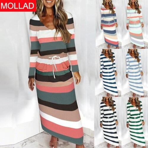 2021 Autumn and Winter Womens V-neck Loose Printed Striped Long Sleeve Dress Long Dress