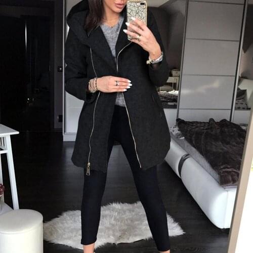 Autumn Winter Plus Size Fashion Women Coat Solid Color Zip Up Long Sleeve Hooded Jacket Coat Outerwear Long Section Womens Coat