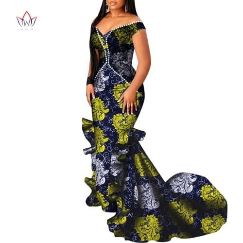 Bintarealwax 2021 Africa Clothes Dashiki Pearls African Print Dresses for Women Vestidos Bazin African Ankara Clothing WY8516