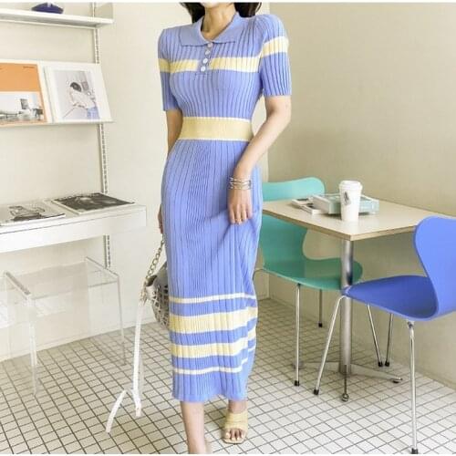 Classic White Blue Knitted Striped Dress For Women 2021 Summer Temperament Turn Down Collar Short Sleeve Sheath Bodycon Dress