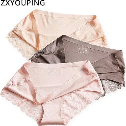 ZXYOUPING Sexy Lace Seamless Panties Women Underwear Ice Silk Briefs Low-Rise M-2XL Plus Size Femme Lingerie