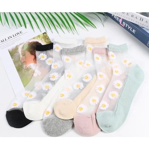 5 Pairs/Lot Summer Sweet Harajuku Flower Socks Women Ladies Small Daisy Green Tube Meias Mujer Thin Breathable Non-slip Calzini