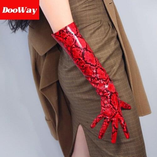 DooWay Latex Women Fashion Animal Print Gloves Leather PU Wet Look Shiny Red Elbow Length Python Snake Wild