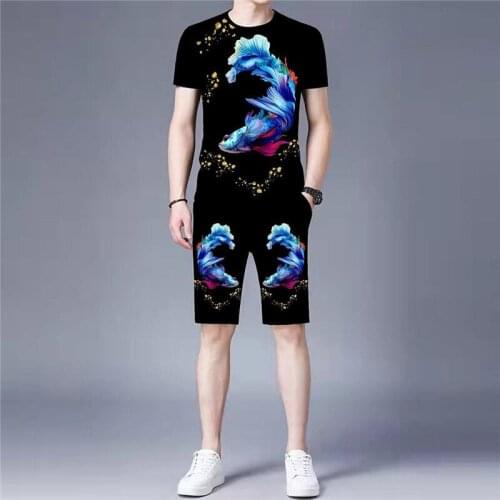 3D color fish print T-shirt + shorts casual two-piece summer new fashion casual short-sleeved phoenix print mens clothing