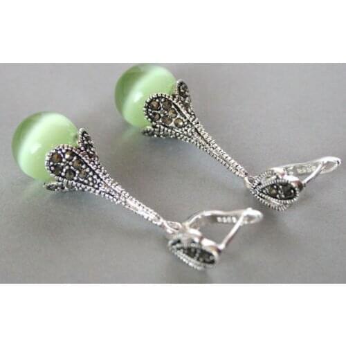 Hot sale new Style >>>>Pretty Marcasite 925 Sterling Silver Green Cats eye Stone Long Dangle Earrings