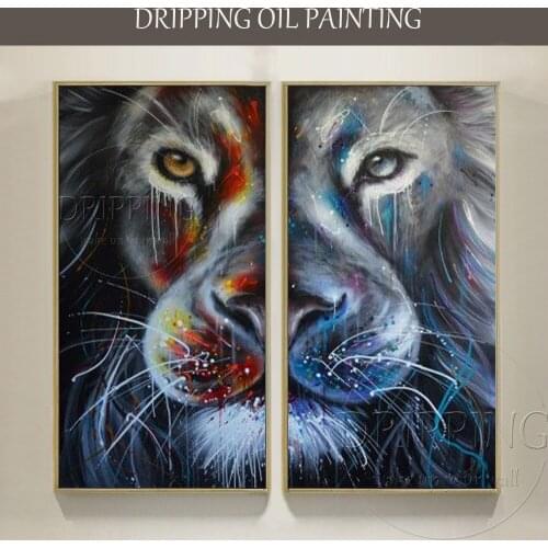 Artist Hand-painted Huge Size High Quality Red and Blue Half Face Lion Oil Painting The King Lion Oil Painting for Living Room