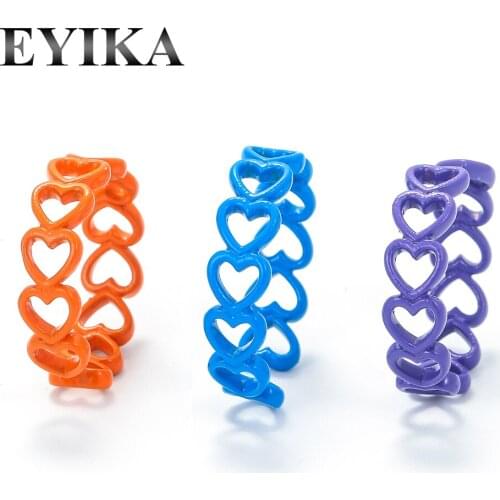 EYIKA Copper Rainbow Candy Color Enamel Link Hollow Heart Adjustable Rings for Women Sweet Girl Stackable Ring Summer Jewelry