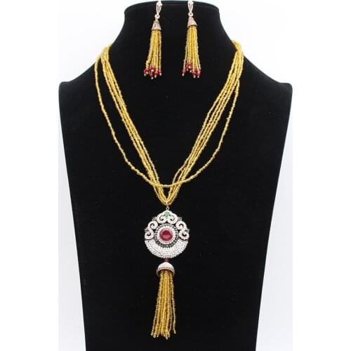 SUNSPICEMS Maroc Bead Jewelry Set Earring Necklace Antique Gold Color Turkish Ethnic Wedding Bijoux Rhinestone Pendant Necklace