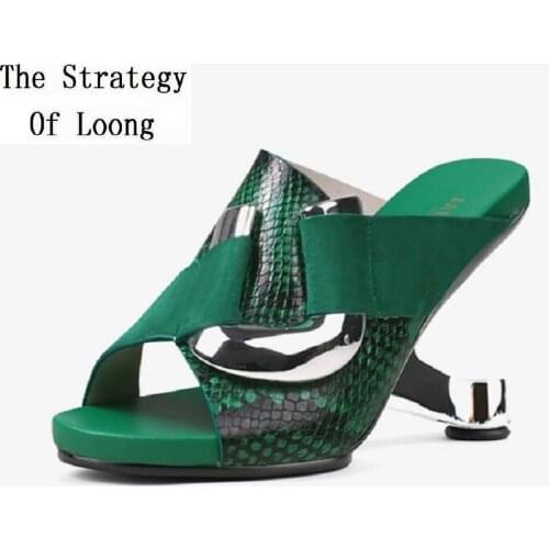 Summer New Outside Metal Decoration Strange Heels Peep Toe Cut Out Mixed Colors Genuine Leather Women Gladiator Slippers 2021