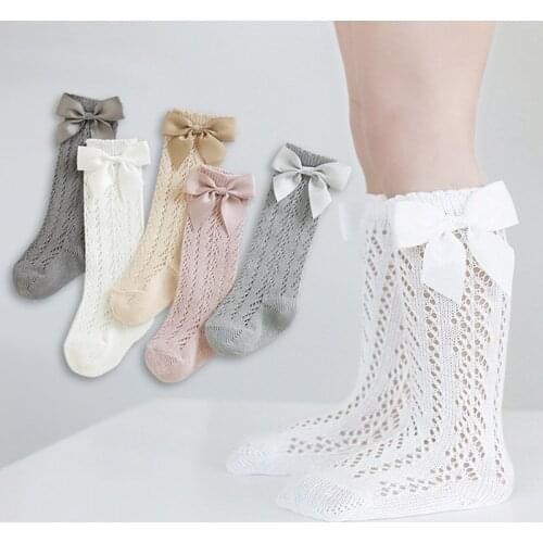 Cute Baby Girls Socks Toddlers Bow Long Sock Kids Knee High Soft Cotton Mesh Spanish Style Children 0-6 Years Breathable Socks