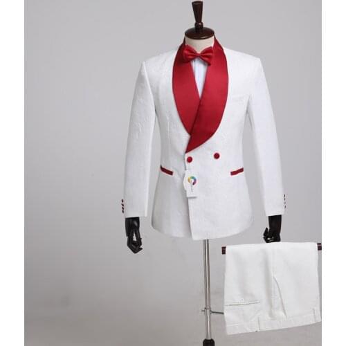 Men Suits Floral Pattern Red Shawl Lapel Double Breasted Wedding Suits For Man Bridegroom Tailored Tuxedo Blazer Slim Fit Formal