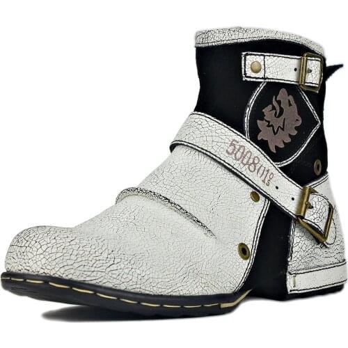 Mens Ankle Boots Cowboy Chukka Boots Zipper-up Motorcycle Boots Genuine Leather Men Handmade Western Boots Shoes 5008-1-White