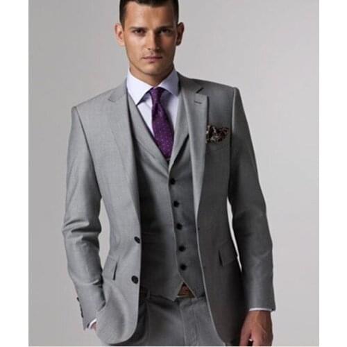 2019 Formal Business Men Suits Slim Fit 3 Pieces Set Light Grey Party Men Wedding Suit Costume Homme Tuxedos (Jacket+Pants+Vest)