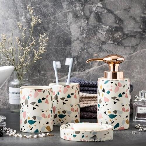 4pcs Ceramic Bathroom Accessories Set Bathroom Organizer Set with Mosaic Design Emulsion Bottle Soap Dispenser Tumbler Gifts