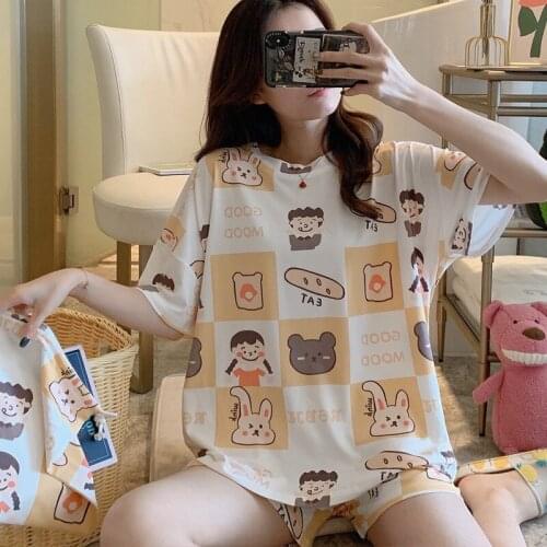 2021 New Pajama Sets for Women Plus Size Sleepwear Female Summer Sweet Silk Homewear Cute Cartoon Printed Nightwear with Shorts