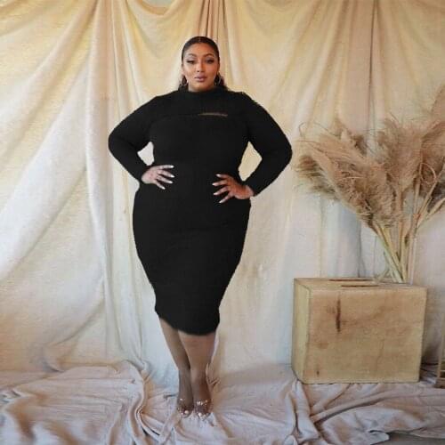 New Plus Size Dresses for Women 2021 Elegant Solid Hollow Out Super Stretchy Maxi Dress High Quality HB110