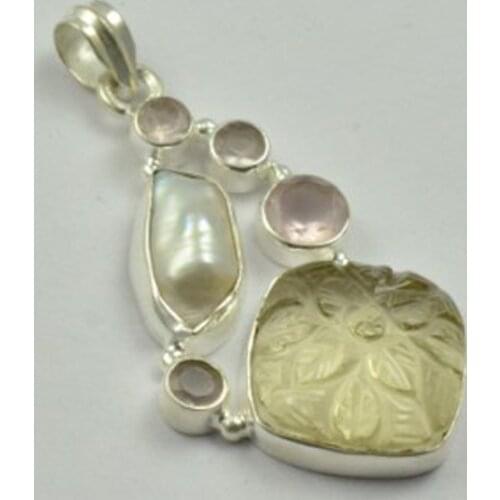 Carved Flower Crystal & Biwa Pearl & Rose Quartz Pendant 925 Sterling Silver, 44.7 mm, AP4543