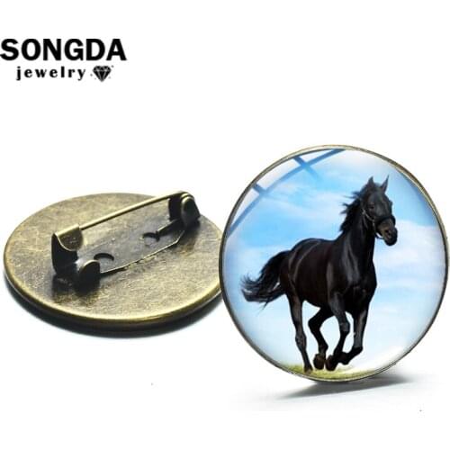 SONGDA Dark Horse Animal Brooches Pins Art Photo Glass Cabochon Pin Badges Icon on Backpack Denim Jackets Hat Decorative Jewelry